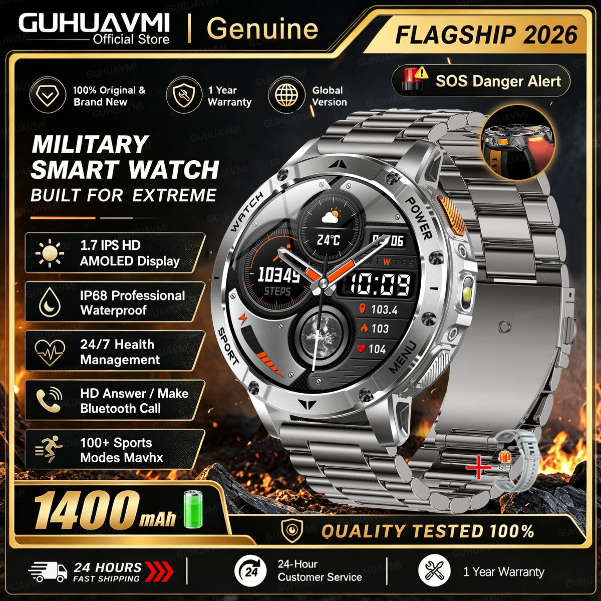 1400mAh Large Battery Military Smart Watch Men 1.7"HD Bluetooth Call 10ATM Waterproof LED Flash SOS Health Monitor Sport Watches