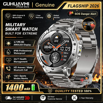 1400mAh Large Battery Military Smart Watch Men 1.7"HD Bluetooth Call 10ATM Waterproof LED Flash SOS Health Monitor Sport Watches