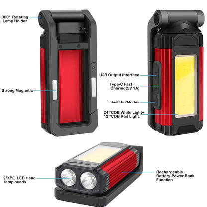 USB Rechargeable LED Flashlight with Magnetic COB Work Light Portable Camping Lantern Type-C Power Bank Function Lamp