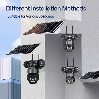 15MP IP Camera WiFi PTZ Three Camera Outdoor Wireless Solar 20000Mah Built-in Battery Video Surveillance Cam Long Time Standby