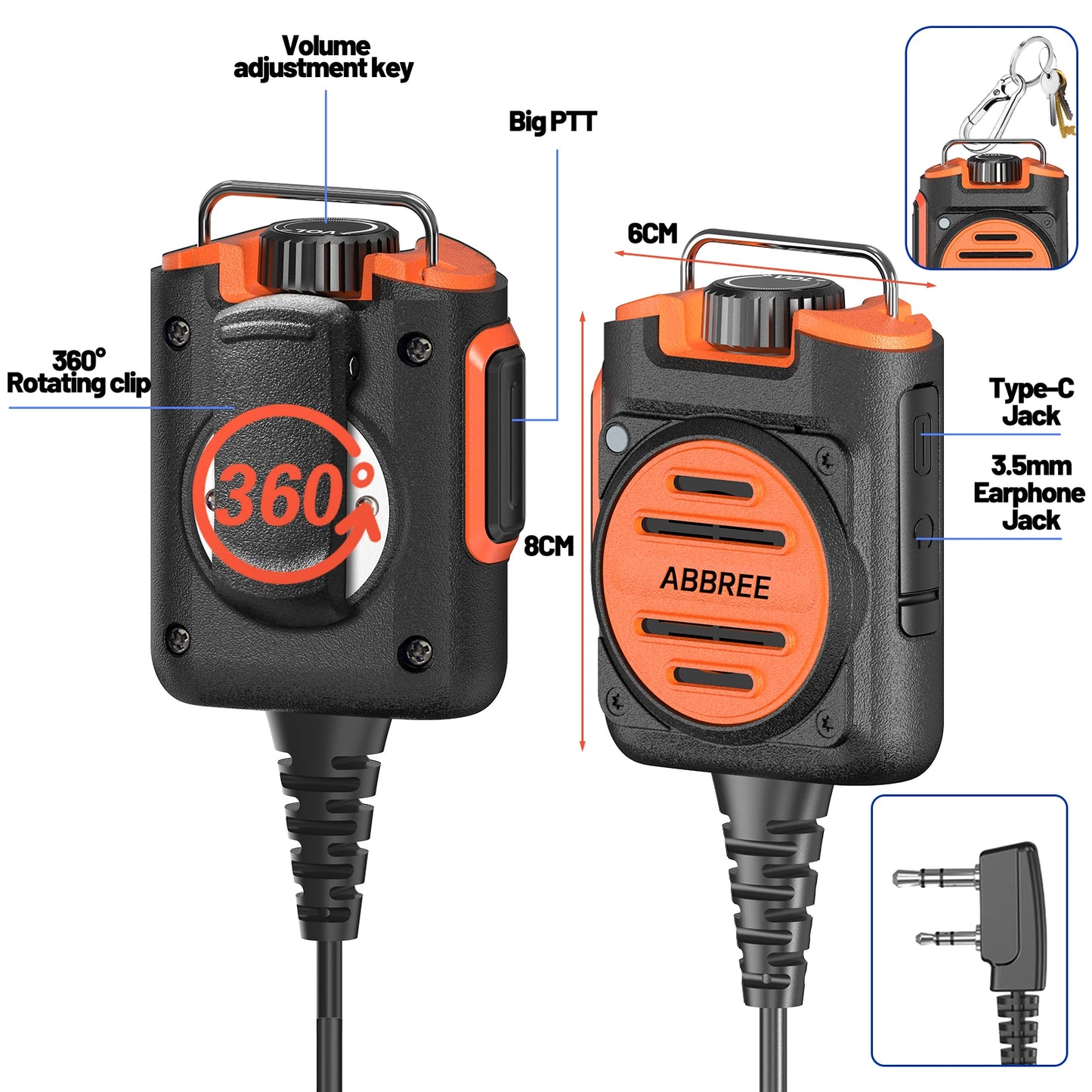 ABBREE AR-158 Rechargeable Walkie Talkie Microphone Speaker Adjust Volume PTT For Baofeng UV-5R Mini for Quansheng UV-K1 (8) K5
