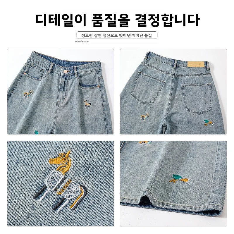 Korean Streetwear Washed Denim Jeans Summer Y2K Men's Casual Loose Trendy Brand Handsome Straight Wide-leg Short Pants Versatile