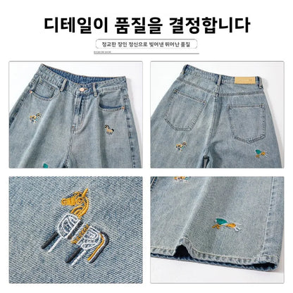 Korean Streetwear Washed Denim Jeans Summer Y2K Men's Casual Loose Trendy Brand Handsome Straight Wide-leg Short Pants Versatile