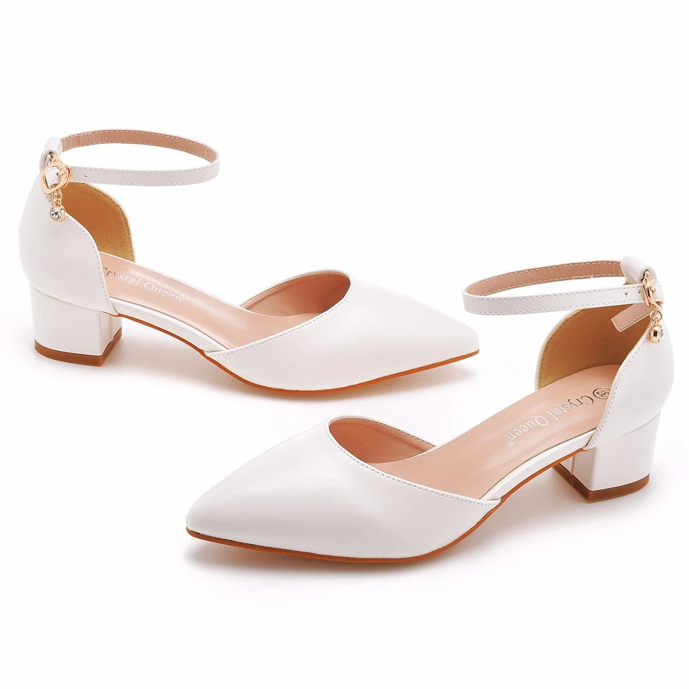 Women White Chunky Heels Wedding Shoes for Bride Closed Pointed Toe Ankle Strap Pumps