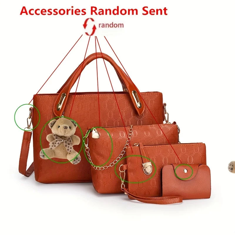 4pcs Geometric Pattern Tote Bag, Fashion Handbag Chian Crossbody Bag, Clutch Bag and Card Holder Purses and Handbags Hand Bag