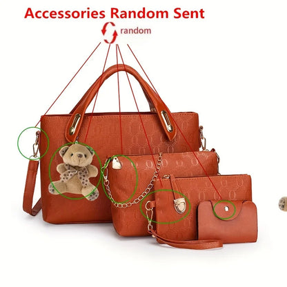 4pcs Geometric Pattern Tote Bag, Fashion Handbag Chian Crossbody Bag, Clutch Bag and Card Holder Purses and Handbags Hand Bag