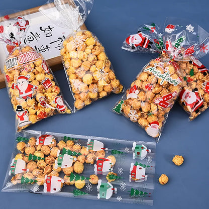 50/100pcs Christmas candy drawstring bag opp cellophane cookies nuts plastic bags New Year gift wrapping bags free gift ties