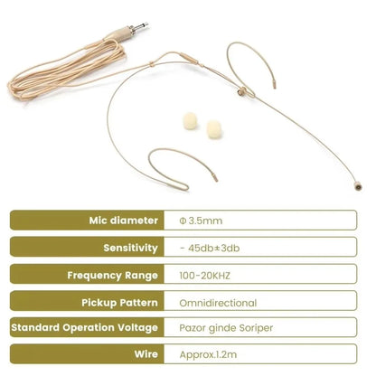 Beige Headset Mic Wireless Double Earhook Headworn Microphone 3.5mm 3 Pin Amplifier Voice Speaker Microphone Accessories