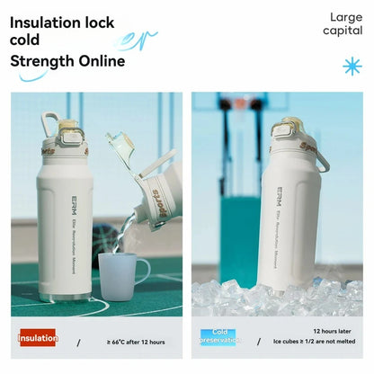 1L Stainless Steel Thermos Bottle, Iced & Heat Insulated Cup, Hiking Cycling Fitness Vacuum Flask with Handle