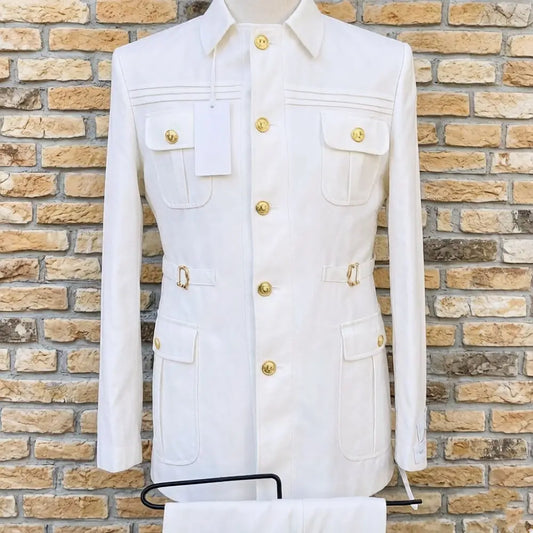 Safari Suits for Men with Stand Collar 2 Pieces Single Breasted Wedding Suit Gold Buttons Formal Casual Groom Prom Wear