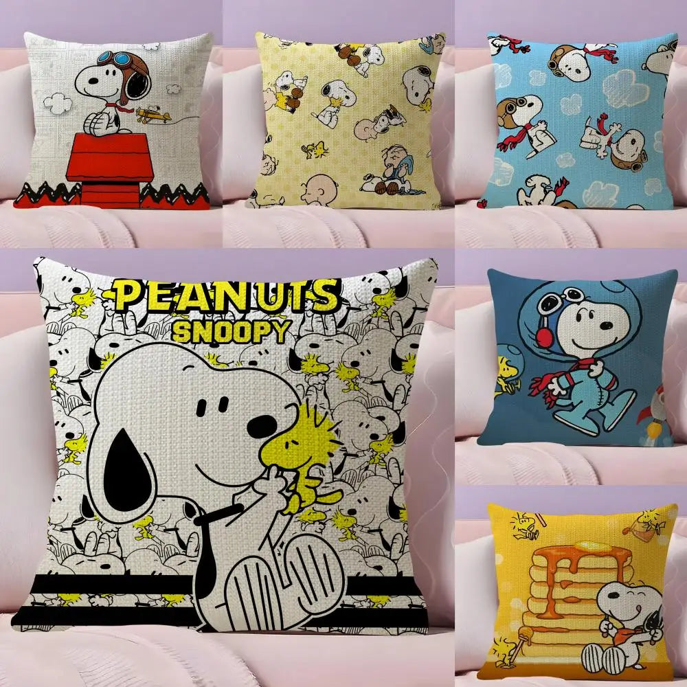 Cute Snoopy Pillow Case Natural Linen Organic Fabric Double-Sided Printing Sofa Home Decor Gift Cushion Cover