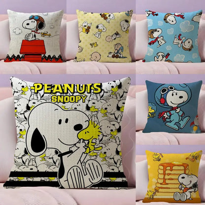 Cute Snoopy Pillow Case Natural Linen Organic Fabric Double-Sided Printing Sofa Home Decor Gift Cushion Cover