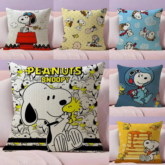 Cute Snoopy Pillow Case Natural Linen Organic Fabric Double-Sided Printing Sofa Home Decor Gift Cushion Cover