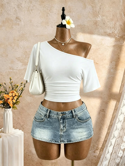 Women One Shoulder Short Sleeve Side Ruched Cropped T Shirt 2026 Summer Y2K Going Out Casual Streetwear Tops