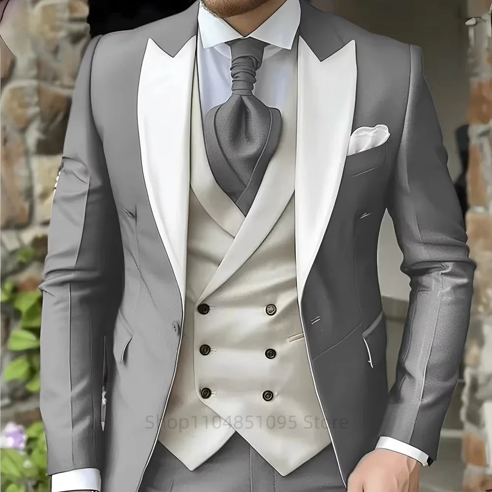 Pink Men's Elegant Peak Lapel Tuxedo 3-Piece Suit with Blazer Vest And Pants Set for Formal Business Prom Grooming