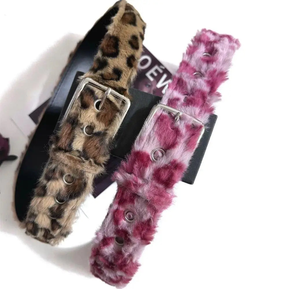 Retro Leopard Print Faux Fur Belt Y2k Pink Fur Belts Punk American Sexy Women's Waistband Winter Fluffy Waist Belt Accessories