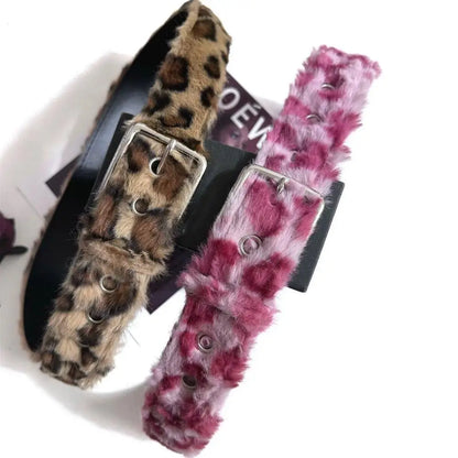 Retro Leopard Print Faux Fur Belt Y2k Pink Fur Belts Punk American Sexy Women's Waistband Winter Fluffy Waist Belt Accessories