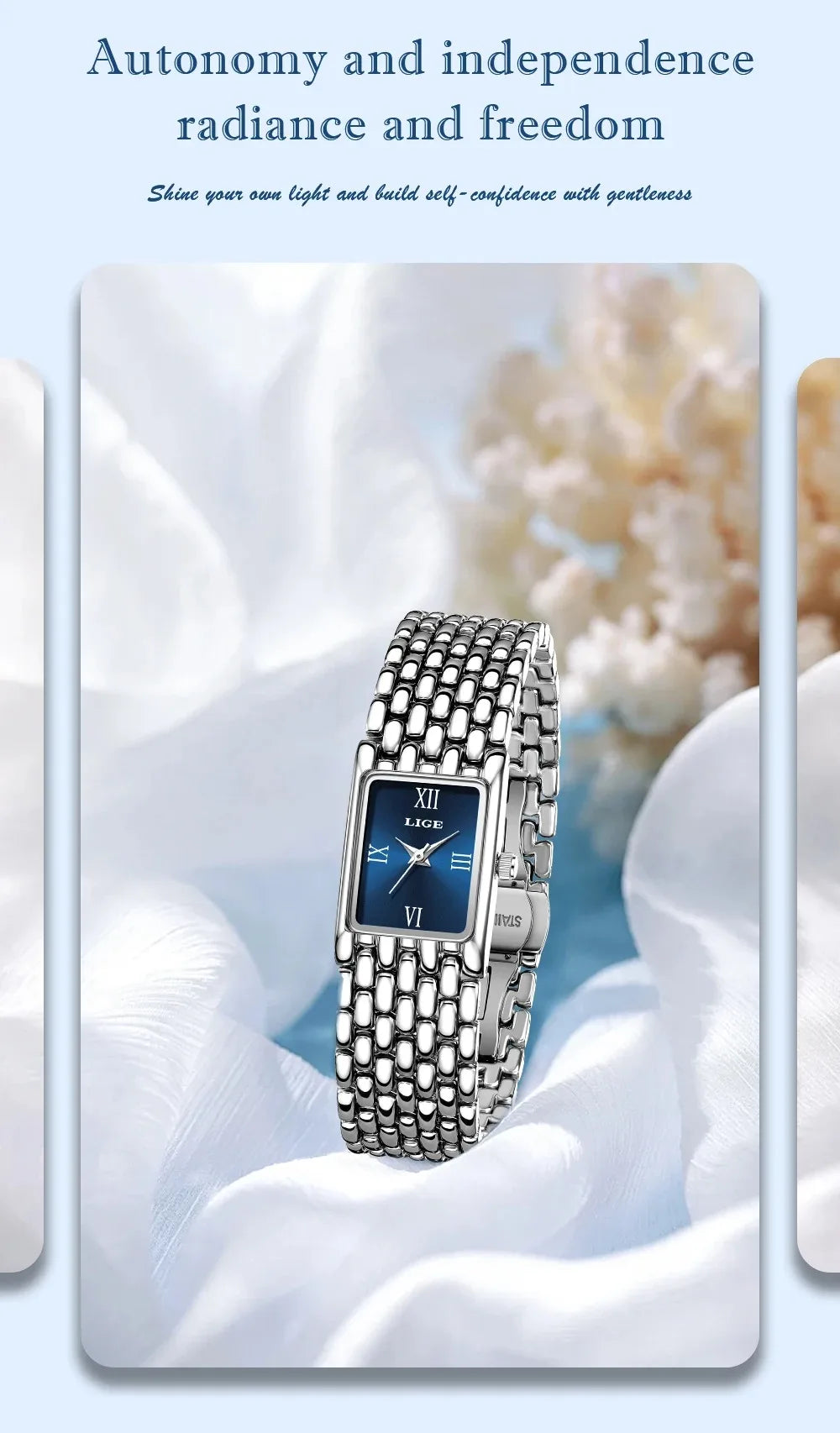 LIGE New Design Ladies Watch Fashion Quartz Wristwatch Silver Simple Square Women Watches Luxury Stainless Steel Folding Clock