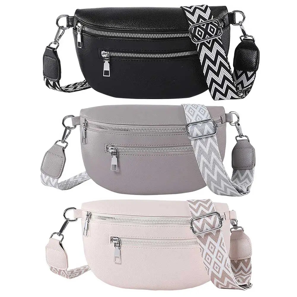 2024 Luxury Designer Women's Chest Bag PU Leather Wide Strap Shoulder Crossbody Bag Female Fashion Fanny Pack Banana Waist Bag