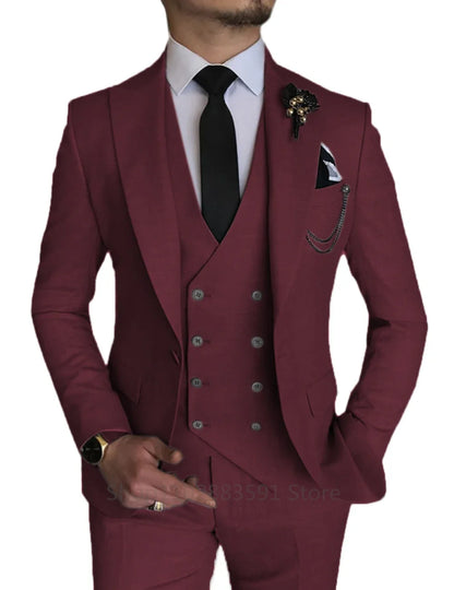 3 Piece Men's Wedding Dress Suits Slim Fit Lapel Tuxedos Party Leisure Formal Male Suit For Groomsman Suit (Blazer+Vest+Pants)