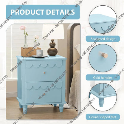 AZ Blue Kids Nightstand,Kids Bedside Table,Night Side Table,2 Drawers Night Stand,Scalloped End Tables Bedroom,Cute Nightstand