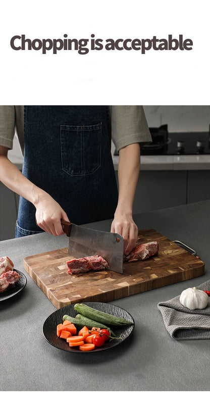 Large Acacia Wood Cutting Board, Checkerboard End Grain Butcher Block, Thick Reversible Wooden Chopping Board with Metal Handle