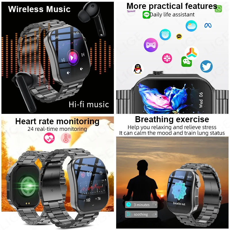 LIGE Nowy smartwatch z zakrzywionym ekranem 3D o przekątnej 2,2 cala z podświetleniem LED, termometrem, monitorem zdrowia, połączeniami BT i funkcjami sportowo-fitnessowymi