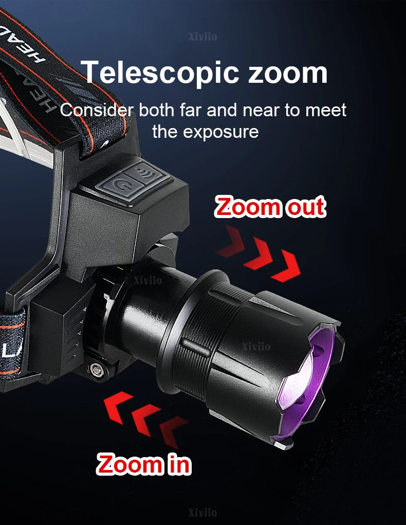 Most Powerful Led Headlamp 18650 Rechargeable Headlight Strong Light Head Torch UV Headlight Camping Hunting Headlamp