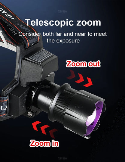 Most Powerful Led Headlamp 18650 Rechargeable Headlight Strong Light Head Torch UV Headlight Camping Hunting Headlamp