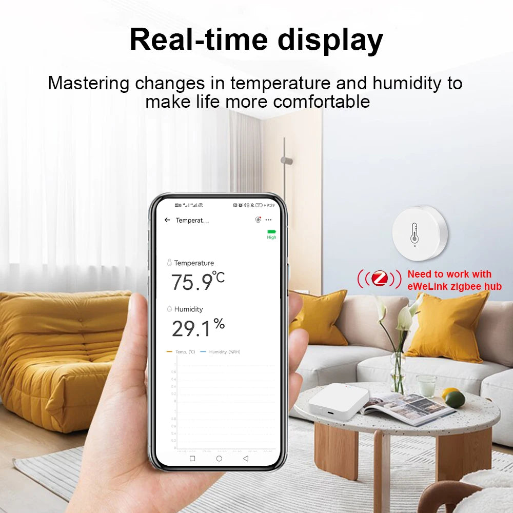 EWelink ZigBee Temperature Humidity Sensor Battery Powered Ewelink APP Control Home Environment Monitor works with Alexa/Google