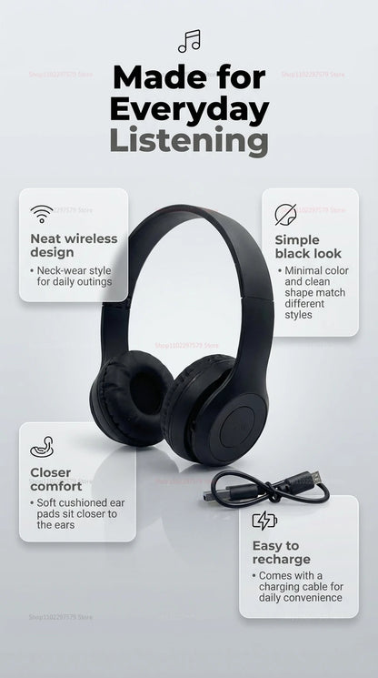 Wireless Bluetooth Headphones Head Mounted P47 Foldable Bass Sport Earphones Universal for Mobile Computer PC Gaming Running Gym