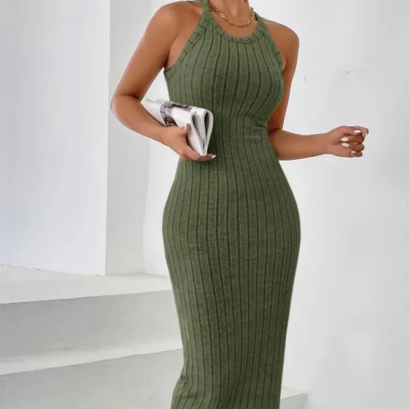2026 Women's Crew Neck Solid Sleeveless Spaghetti Strap Dress Knit Ribbed Longline Slim-Fit Casual Sports Tank Dress Y2k Clothes