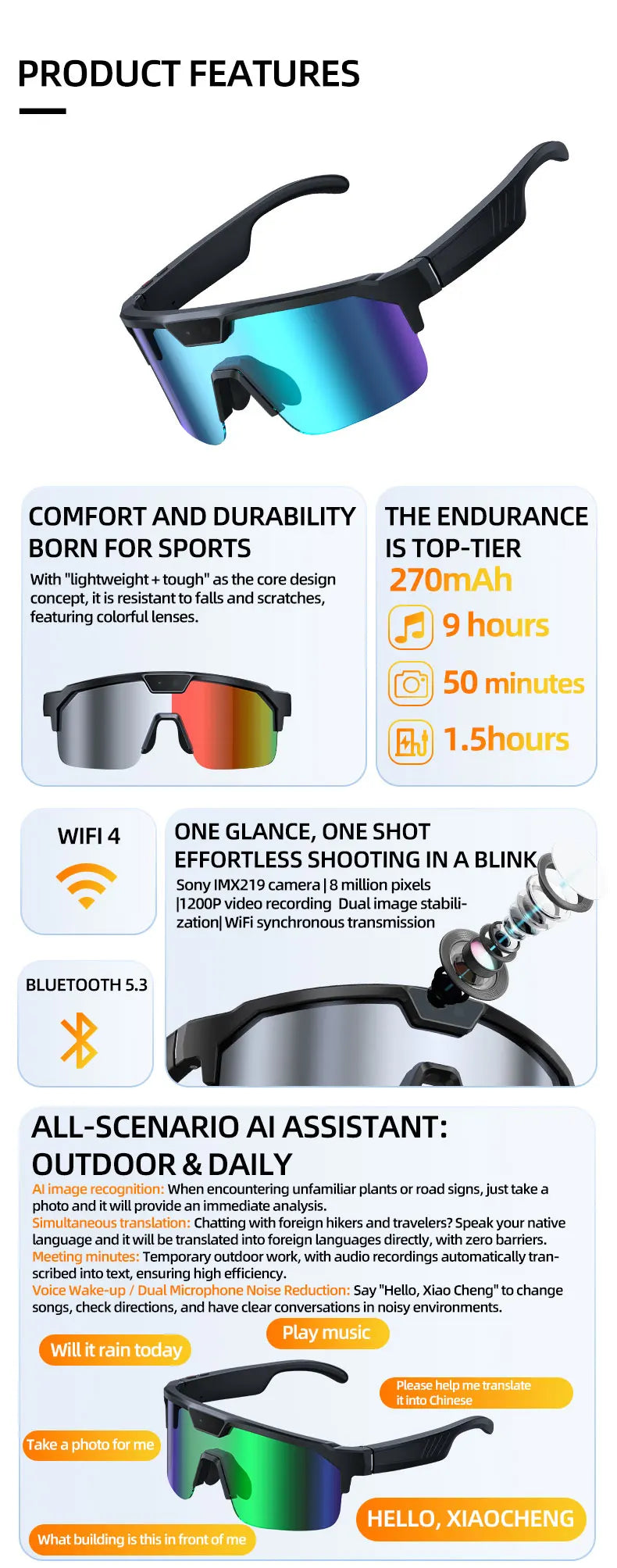 2026New AI Smart Glasses ChatGPT 1200P Camera 30MP Anti-shake Cycling Video&Photo Sport Sunglasses DualMic 4GB Windproof Goggles
