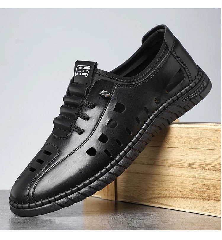 Men's Comfortable Breathable Business Hollow Loafers Slip-On Soft Bottom Sandals Easy Wear Hole Hole Shoes-HT2273