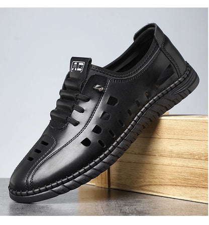 Men's Comfortable Breathable Business Hollow Loafers Slip-On Soft Bottom Sandals Easy Wear Hole Hole Shoes-HT2273