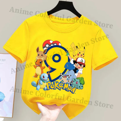 Anime Pokemons Number Printed T-shirts for Boys Girls Pikachu Cartoon Cute Short-sleeved Top Children Summer Fashion T-shirt