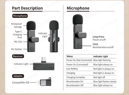 2-in-1 Wireless Lavalier Microphone for iPhone Android, Mini Pro Lapel Mic with Noise Reduction & Pickup for Vlog Live Recording