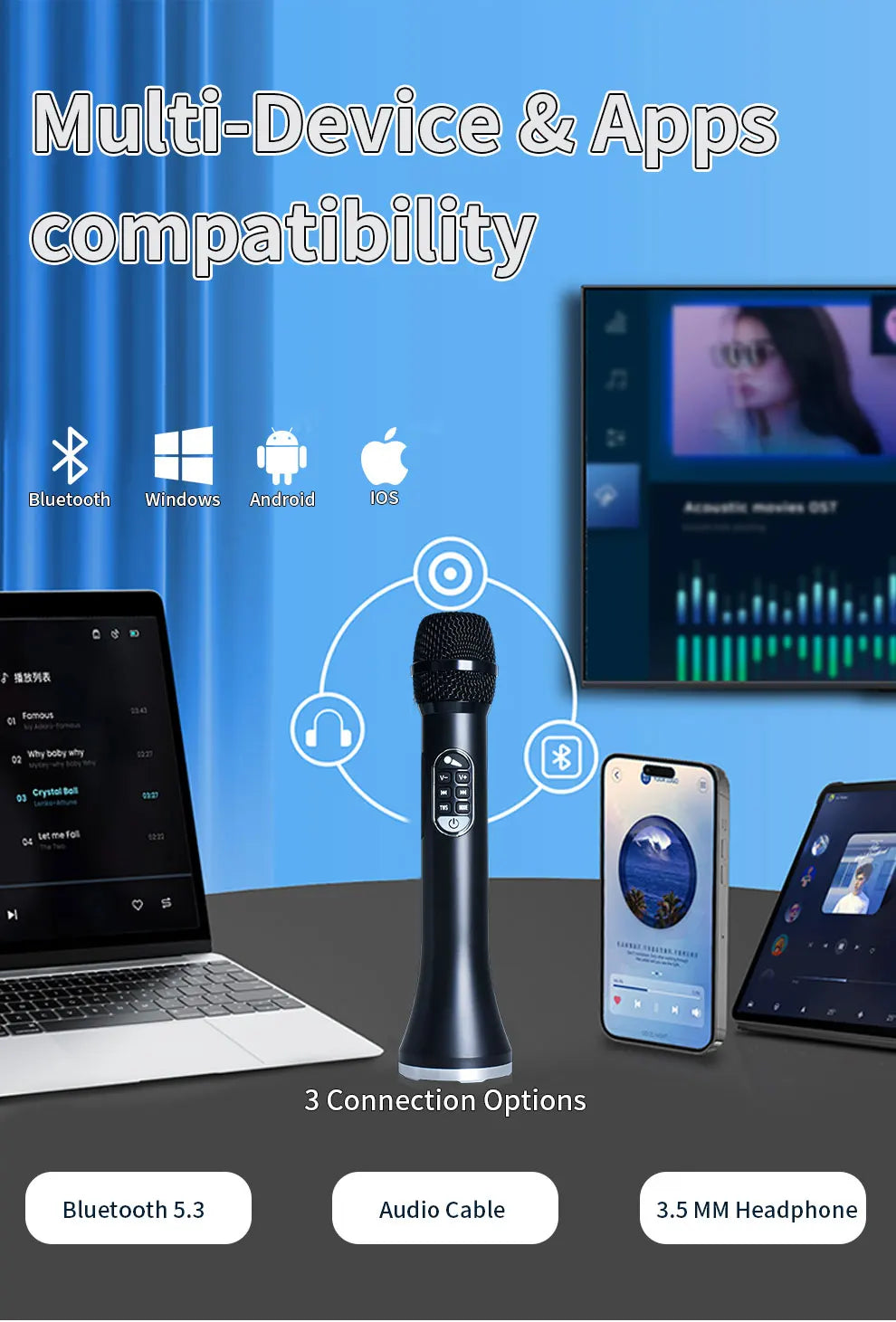 1Pc of 40W Portable Bluetooth Speaker Mic 6400mAH TWS Type-C Fast Charging Powerful Wireless Karaoke Microphone for Party&Travel