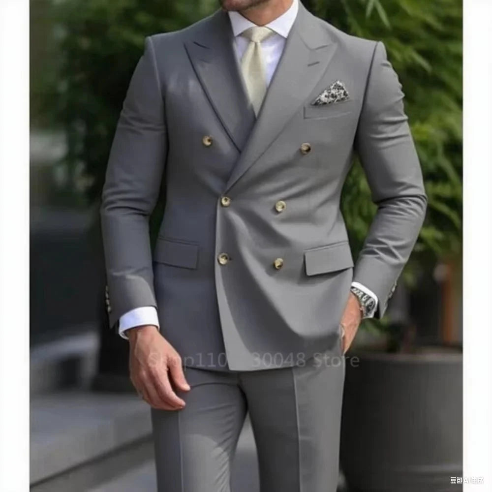 Elegant 2 Piece Wedding Men Suits Slim Fit Peak Lapel Double Breasted Blazer Pants Formal Business Groom Tuxedos Office Dinner