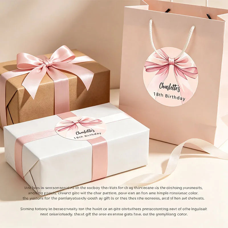 Pastel Pink Base Large Satin Bow Stickers Personalized Name Variety Sizes AvailableElegant Round Labels Gift Box Decor Stickers