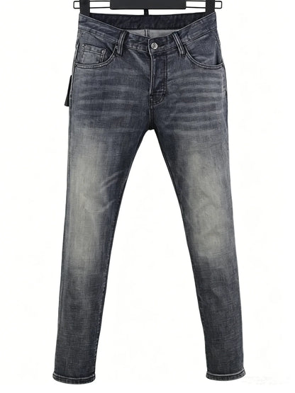 6060 Four Seasons New Men's Washed Ripped Patch Old Slim-fit Straight Black Jeans for Men
