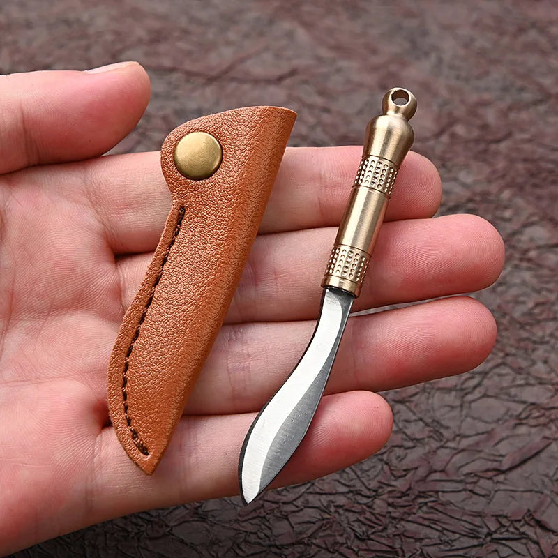 Portable Mini Knife Brass Wood Unboxing Hollow Blade EDC Fixed Blade Leather Cover Cutter Outdoor Surivival Tools Gift