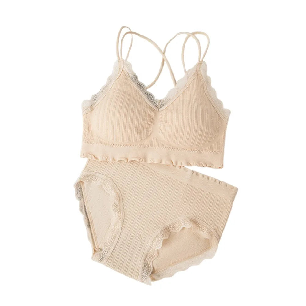 1Set Casual Lace Women Seamless Bra Set V-Neck Breathable Underwear Set Comfortable with Bra Pads Lingerie Set