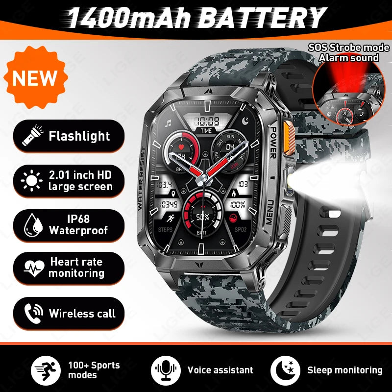 LIGE 2026 Military Grade 1400mAh Battery Smart Watch Men 2.01" HD Screen IP68 Waterproof Sport Fitness Bluetooth Call Smartwatch