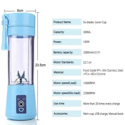 Mini 380ML Hand Fruit Blender Portable USB Rechargeable Juicer Cup for Shakes Smoothies Traveling Fruit Juicing Cup