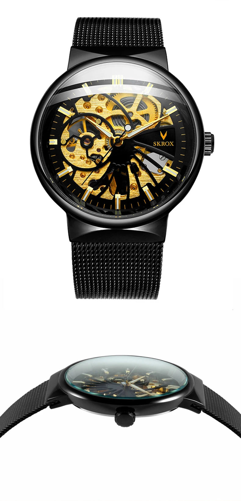 SKROX Luxury Brands Fashion Man Wrist Watches Steel Skeleton Ultra Thin Mechancical Clock Mesh Strap Waterproof Manual Movement