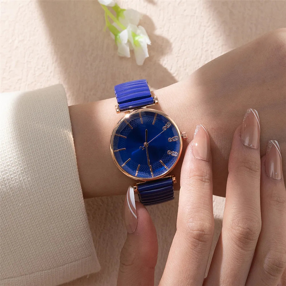 Luxury Treasure Blue Crystal Ladies Quartz Watch - Casual Stainless Steel Stretch Strap Fashion Women's Dress Clock