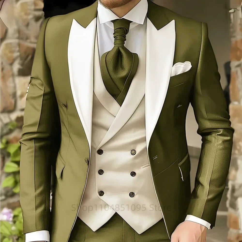 Pink Men's Elegant Peak Lapel Tuxedo 3-Piece Suit with Blazer Vest And Pants Set for Formal Business Prom Grooming