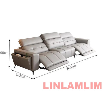 Modern Power Reclining Sofa with Adjustable Headrests – Genuine Leather Recliner Couch with USB, Side Storage and Cup Holders