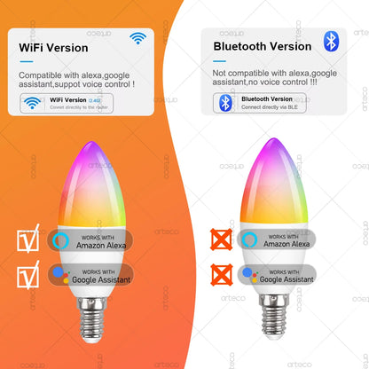 Tuya E14 Candle Lamp Smart Life App Control Smart Bulb WiFi Or Bluetooth RGB+CW LED Light 220V Dimmable Crystal Lamps Room Decor